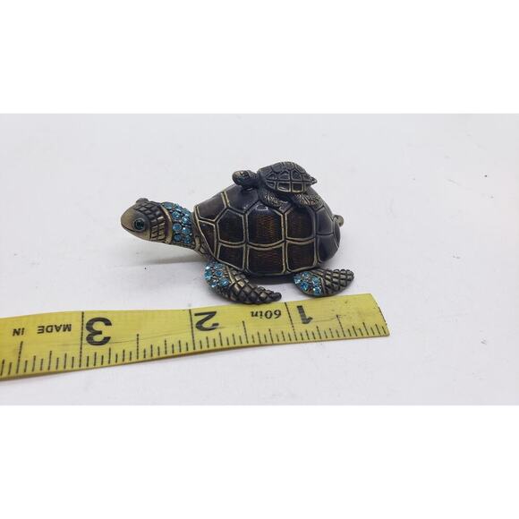 Jeweled Turtle Trinket Box Enamel Metal Mom & Baby Sea Turtles Crystal Eyes - Picture 6 of 8